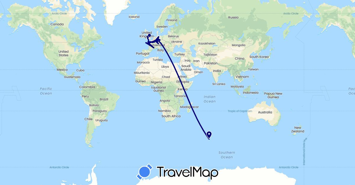 TravelMap itinerary: driving in Austria, Belgium, Germany, France, United Kingdom (Europe)